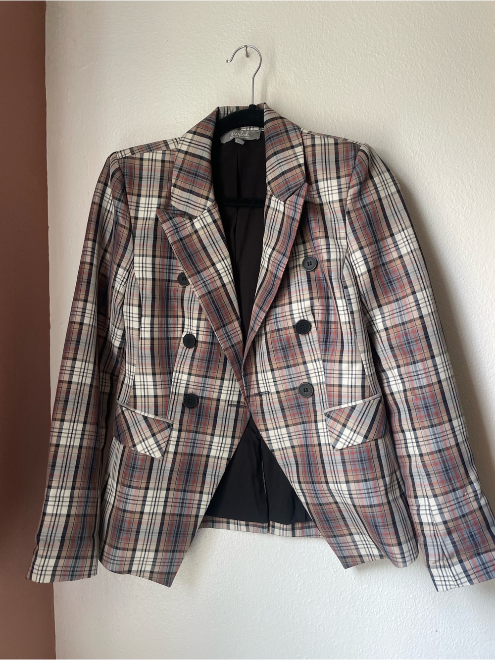 Marled Cream & Rust Plaid Double-Breasted Blazer
